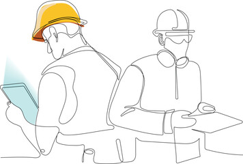 Continuous one line drawing of Industry maintenance engineer woman wearing uniform and safety helmet under inspection by tablet. Minimal outline concept