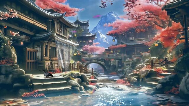 Seamless Spring scene loop animation temple with Sakura, sparkling river and colorful butterflies. 4k resolution