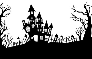 Castle with trees silhouettes style on white background. Haunted houses or spooky village for background, banner and header. Vector illustration for halloween concept.
