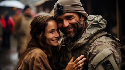Fototapeta premium An emotional hug between soldiers returning from deployment 