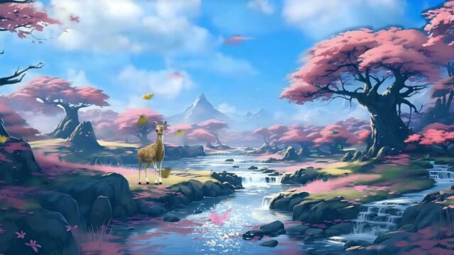 Beautiful spring cherry blossoms landscape. Sakura flowers with sparkling river and many butterflies. Seamless japanese animation. Loop vidio anime style