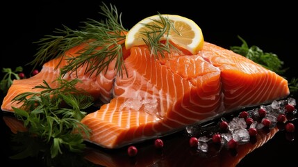 Fresh salmon with lemon slices on wooden table, black and blur background