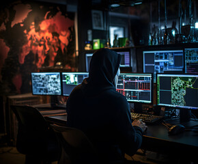 Hacker typing computer. Concept of cybercrime, cyberattack, dark web.