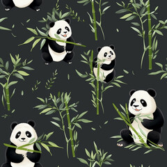 seamless pattern of panda in various gesture with bamboo tree background