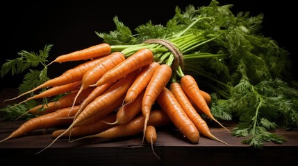 bunch of fresh carrots on a wooden table on a black background