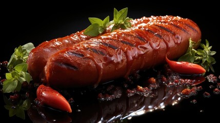Grilled sausage with melted barbeque sauce on a black and blurry background