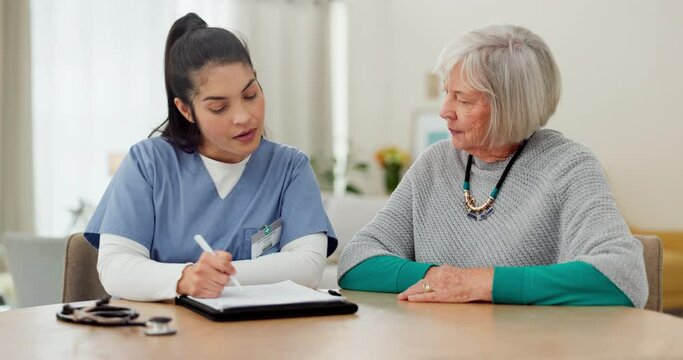 Nurse, documents and senior woman consulting, healthcare information and insurance checklist, charts and home advice. Medical doctor, elderly patient or people talking of retirement nursing paperwork