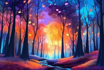 Fototapeta na wymiar abstract landscape. colorful art fantasy landscape with a forest and glowing light. generative ai