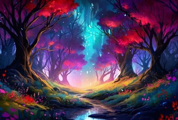 abstract landscape. colorful art fantasy landscape with a forest and glowing light. generative ai