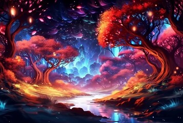 abstract landscape. colorful art fantasy landscape with a forest and glowing light. generative ai