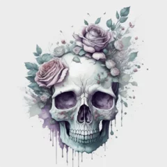 Deurstickers Aquarel doodshoofd emo skull with roses clipart white background scattered water color, scattered watercolor, has shadow, there are random pastel colors
