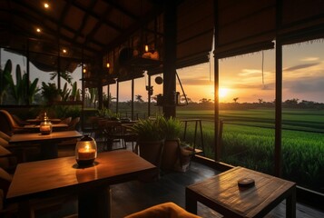coffee shop with views of rice fields and sunsets. generative ai