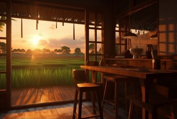 coffee shop with views of rice fields and sunsets. generative ai