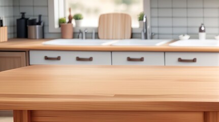 Fototapeta premium Versatile Display: Empty Wooden Table on Blurred Kitchen Bench Background. 