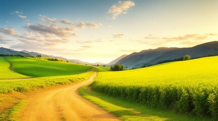 Beautiful Mountain Rural Landscape with Green Fields and Sunset Sky. 