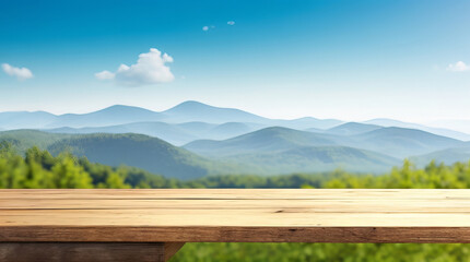 Empty Wood Table with Green Mountain and Blue Sky Background. Generative AI.