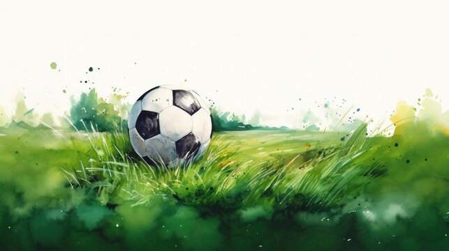 Watercolor of a soccer ball on top of a lush green field illustration.