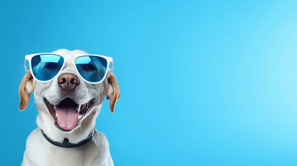 Vibrant, happy Labrador dog in sunglasses adds playfulness to projects. Perfect for online content and marketing materials