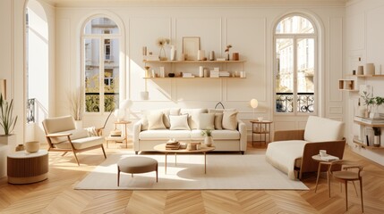 Chic Serenity: Clean Living Room in Parisian Apartment, generative ai