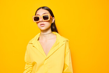 woman lifestyle person beautiful girl yellow fashion sunglasses young attractive trendy