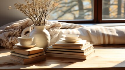 Literary Retreat: A Stack of Books and a Cup of Coffee, generative ai