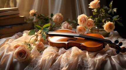 Romantic Symphony: Violin and Roses in Harmony, generative ai