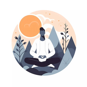 Men sitting and meditating with nature background. Yoga meditation practice concept.minimal style. Vector illustration.Midfulness Meditation.healthy lifestyle
