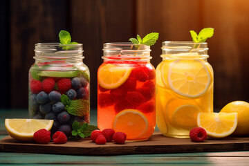 Fototapeta na wymiar Fruit lemonade in mason jar on wooden table