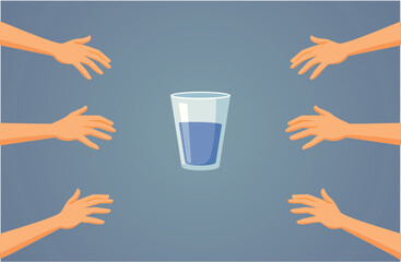 Summer People Reaching for a Glass of Water Vector Cartoon. Water shortage conceptual illustration of many thirsty humans 
 - obrazy, fototapety, plakaty
