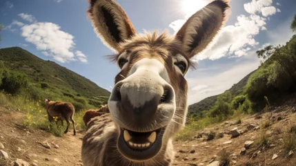 Poster Fisheye Lens Selfie of a happy donkey © tashechka