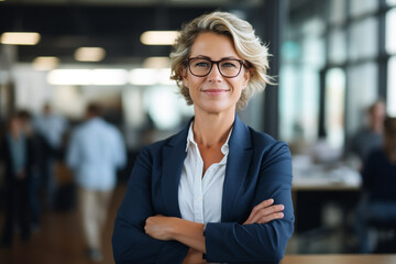 Business concept. Portrait of middle aged businesswoman ceo standing in office with arms crossed. Neutral office background with copy space. Generative AI - obrazy, fototapety, plakaty