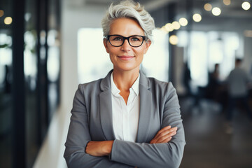 Business concept. Portrait of middle aged businesswoman ceo standing in office with arms crossed. Neutral office background with copy space. Generative AI