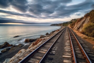 Fototapeta na wymiar view of railroad tracks with beach. generative ai
