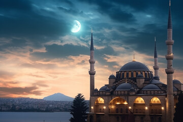 Obraz premium Islamic vertical photo. Suleymaniye Mosque with crescent moon. Ramadan or laylat al-qadr or kadir gecesi concept vertical photo