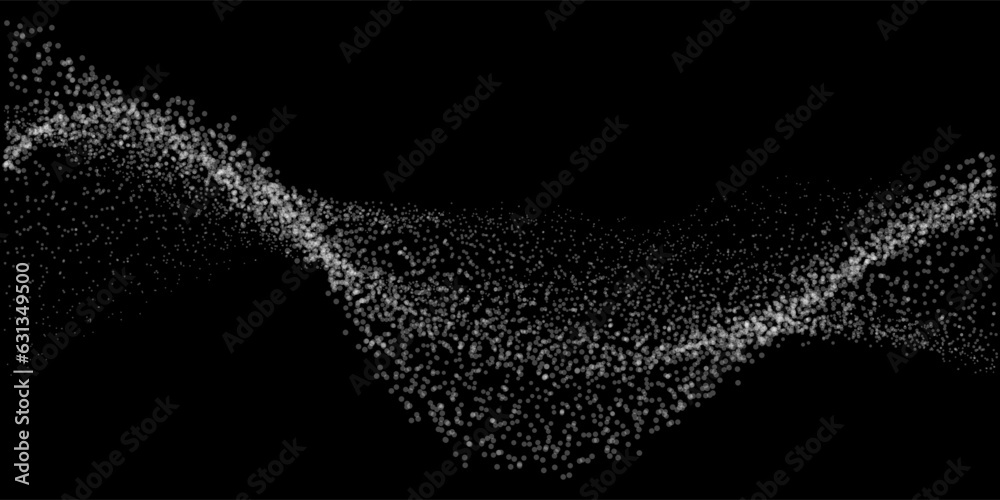 Poster Abstract random white light dot particles wavy flowing curve shape isolated on black background. Vector in concept technology, science, music, modern.