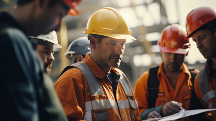 A group of construction team, Construction workers in vests and in hard hats for safety. USA Labor Day celebration. Generative AI.