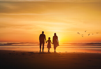 Fototapeta na wymiar Family silhouette standing at the beach sunset, father, mother, daughter, walk, have fun at beautiful beach. Generative AI.
