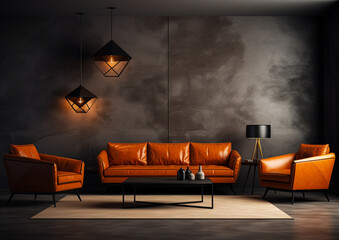 Interior decoration living room style of minimalist geometric, light black and dark orange. Generative AI.