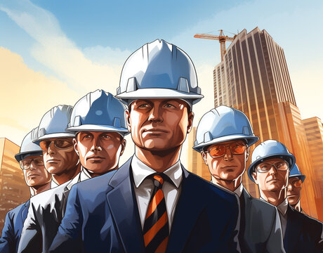 Illustration of Labor Day poster construction team, workers for safety. USA Labor Day celebration. Generative AI.