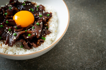 Fototapeta na wymiar Rice with Soy-Flavoured Pork or Japanese Pork Donburi