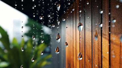 Raindrops Falling Beside a Stained Wood Grain Wall