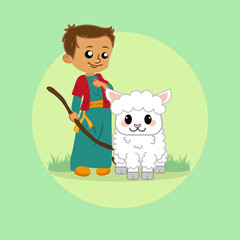 little shepherd and his sheep, flat design, vector, chibi, on a green background