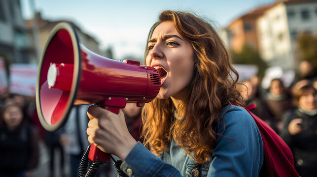 Woman using megaphone to protest during a demonstration as a female activist. A woman engaged in activism, using a megaphone to make her voice heard amidst a demonstration. Generative AI