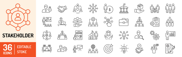 Stakeholder editable stroke icons set. Business, teamwork, trade unions, suppliers, government, customers, creditors, community, investors and partners. Vector illustration - obrazy, fototapety, plakaty