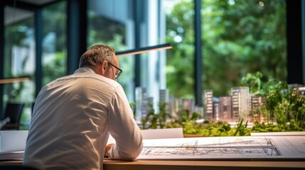 focused architect working on a blueprint in a modern office. generative ai