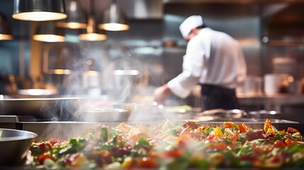 committed chef preparing a meal in a busy restaurant kitchen generative ai