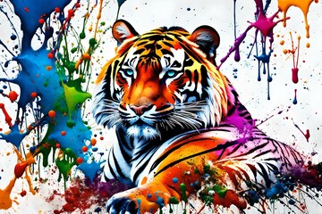 Fototapeta na wymiar Splatter Art, A captivating splatter art composition featuring a majestic tiger surrounded by colorful splashes of paint. The splatters form musical notes and symbols, representing the harmonious.