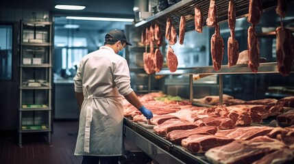 butcher cuting meat in a butcher shop generative ai