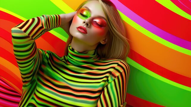 Fototapeta Young female model posing with trendy fashion outfit and colorful glowing vibrant green lime and pink optical art abstract background. Picturesque generative AI