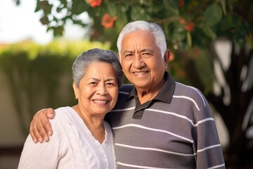 Happy smiling Hispanic senior couple looking at the camera. 